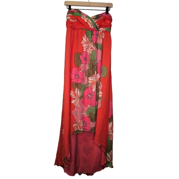Tibi 4 Pink Floral Chiffon Lace Strapless Hi Low Dress Hibiscus Tropical resort - Picture 1 of 5